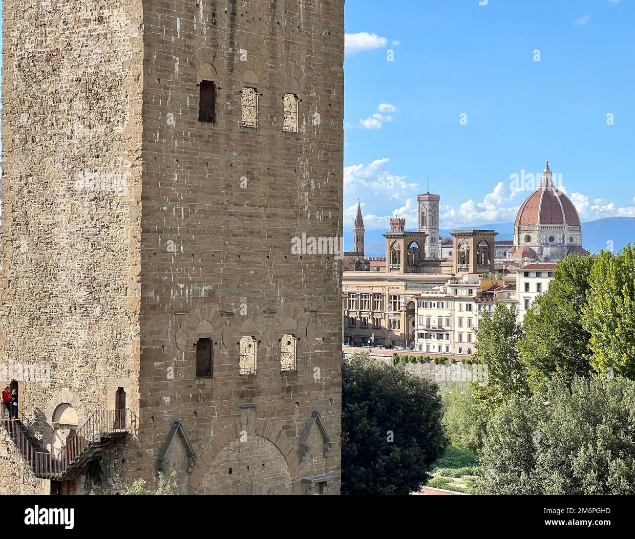 Porta San Niccolo, Cathedral of Saint Mary of the Flow and Palazzo Vecchia in the Florence cityscape Stock Photo