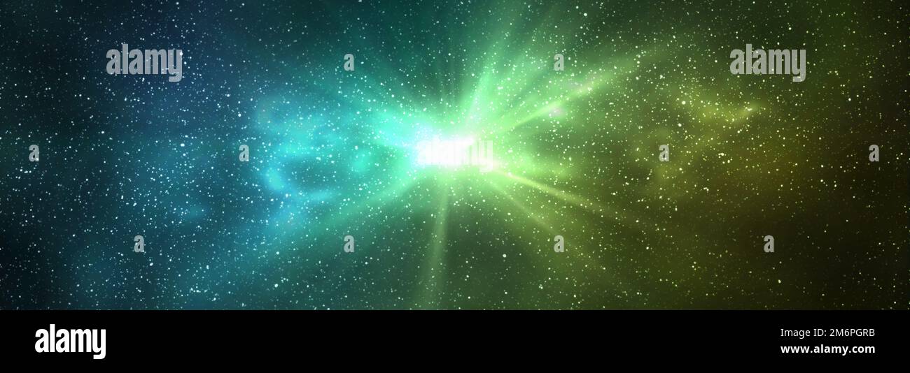 Burst of light in space. Night starry sky and bright yellow green galaxy, horizontal background banner Stock Photo