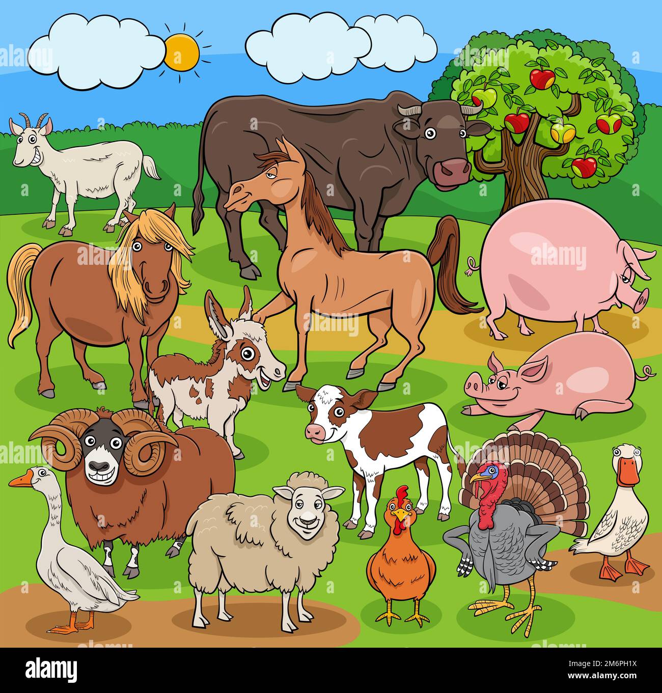 Funny cartoon farm animals characters group Stock Photo