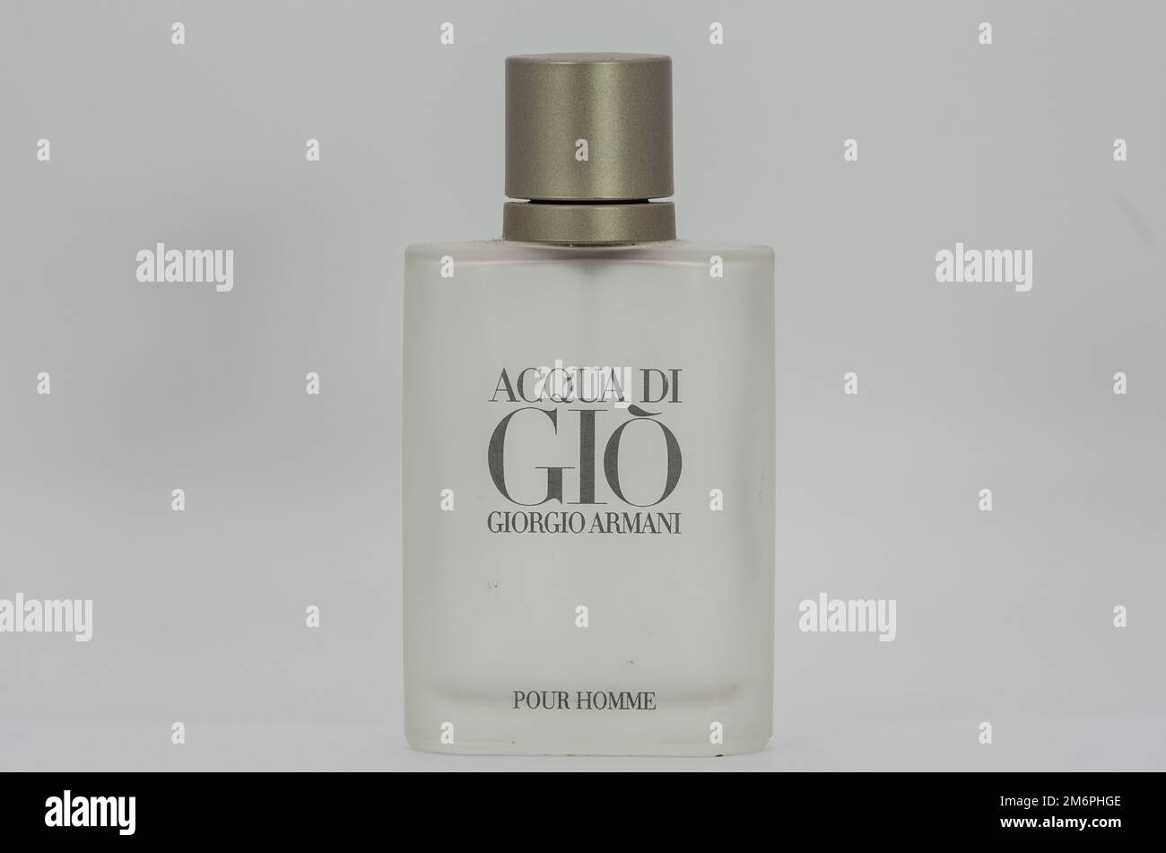 Aachen February 2021: Close-up of a miniature The Acqua di Giò Pour Homme Eau de Parfum by Giorgio Armani is a classic, enveloping fragrance with an i Stock Photo