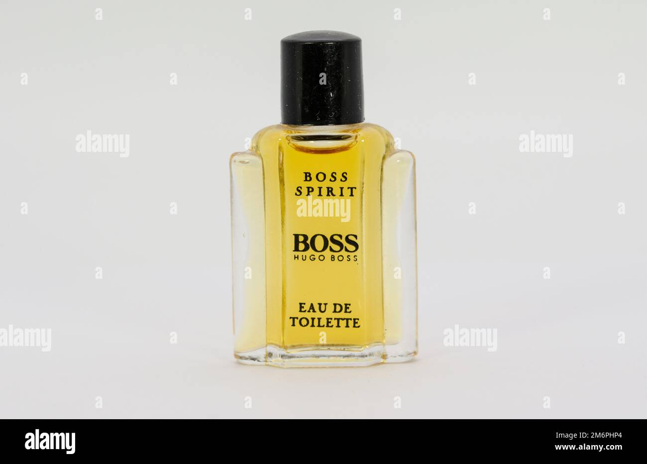 Aachen February 2021: Close-up of a miniature Boss Spirit by Hugo Boss is a Woody Chypre fragrance for men. Boss Spirit has been around since 1989 Stock Photo