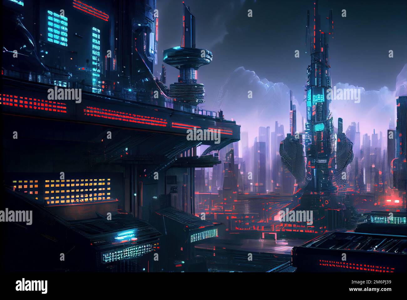 Cyber city at night, futuristic buildings view. Urban neon street scene, fantasy dark skyline. Concept of future, metaverse, technology Stock Photo