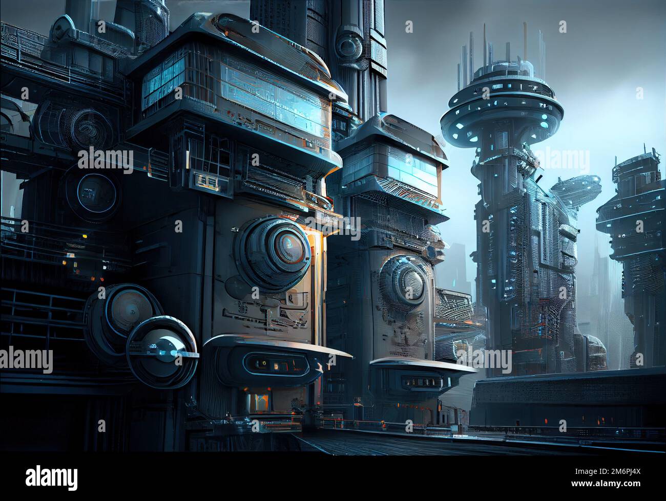 Cyberpunk city, futuristic tall buildings view. Urban neon street scene, fantasy blue skyline. Concept of future, metaverse, technology Stock Photo