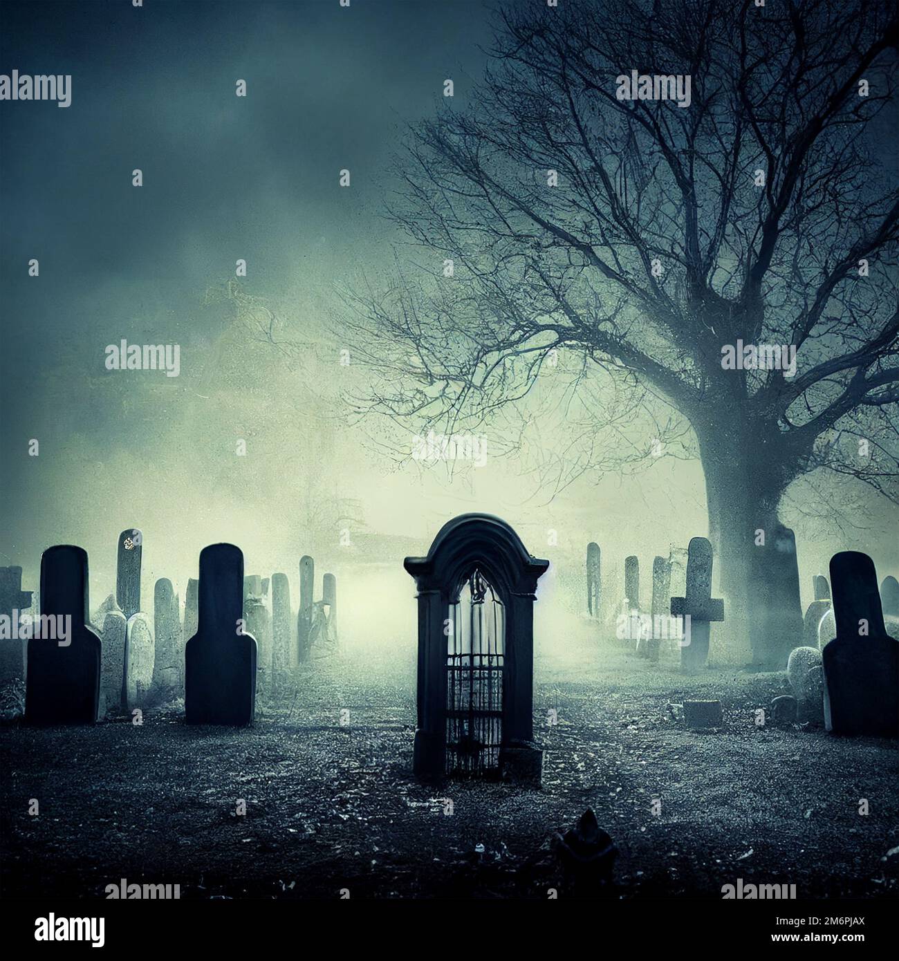 Haunted dark graveyard at night Halloween background digital art Stock Photo Alamy