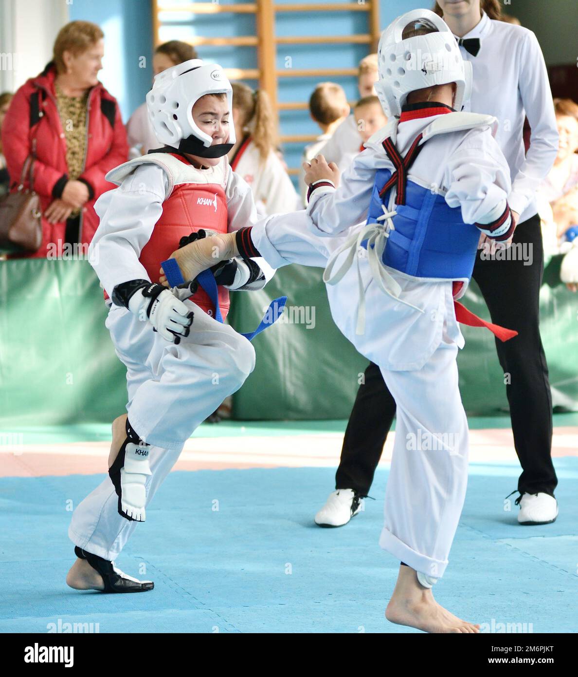 Orenburg, Russia - October 19, 2019: Young men compete in taekwondo (Korean martial arts) at Orenbur Stock Photo