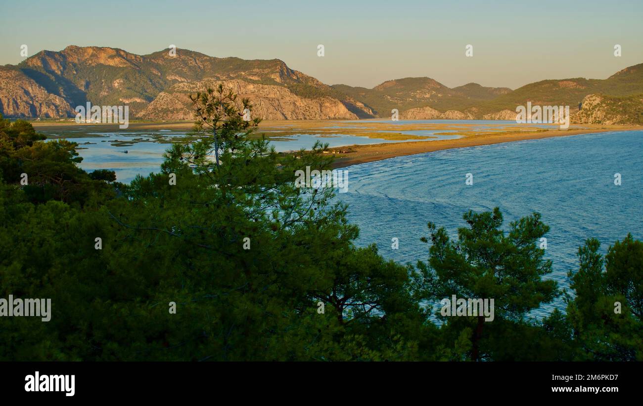 The meeting point of the Aegean and the Mediterranean; Dalyan. Iztuzu beach, the spawning area of the caretta caretta turtles. Dalyan Delta, famous fo Stock Photo