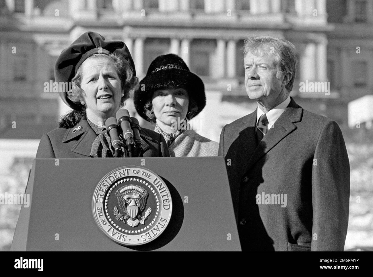 President Jimmy Carter and First Lady Rosalynn Carter with Prime Minister Margaret Thatcher. Dec 1979. Stock Photo