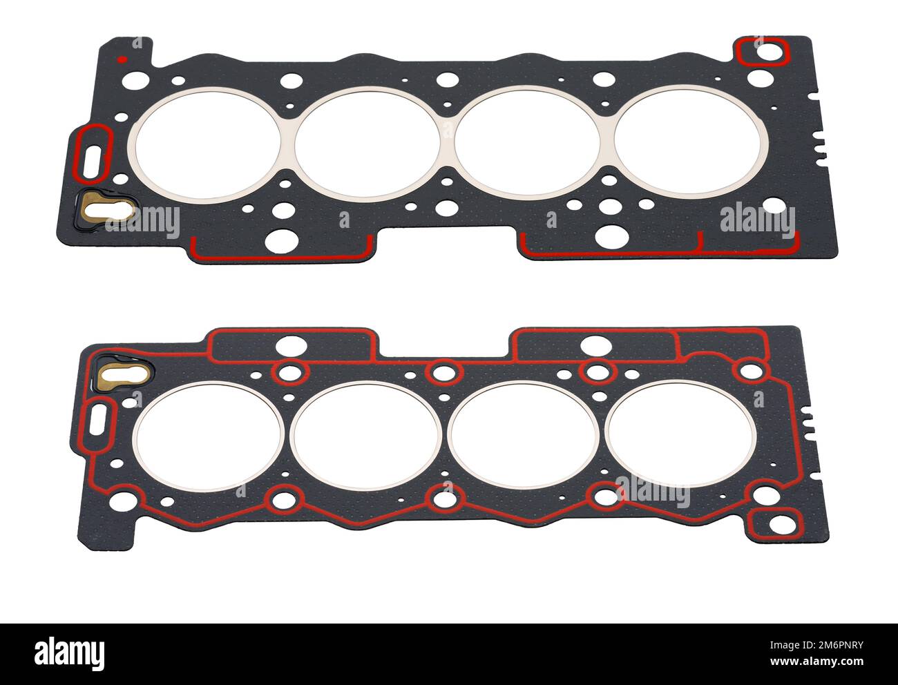 Two car cylinder head gaskets with red sealant on a white background