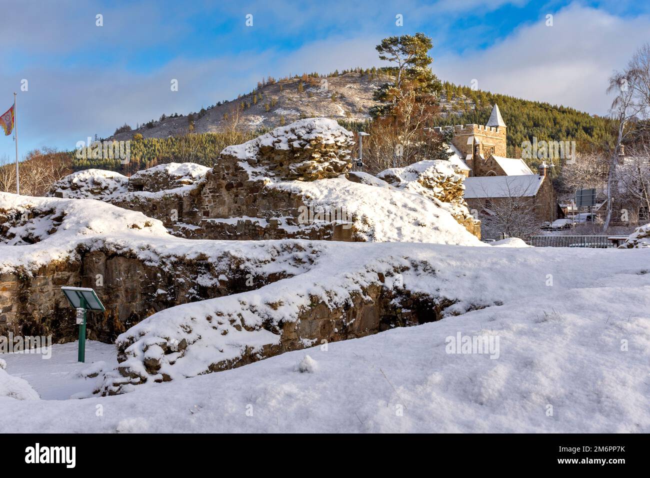 Braemar Scotland the remains of Kindrochit Castle covered by snow in winter Stock Photo