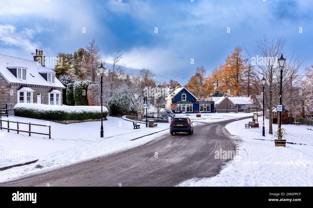 Braemar Scotland winter and snow the Mar road running through the village Stock Photo