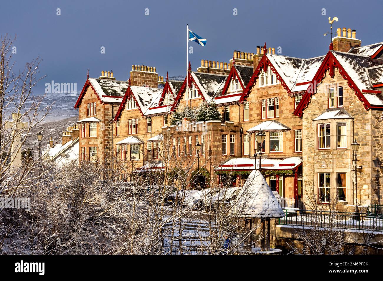 Fife Arms Hotel Braemar Scotland in winter and the building covered by snow Stock Photo