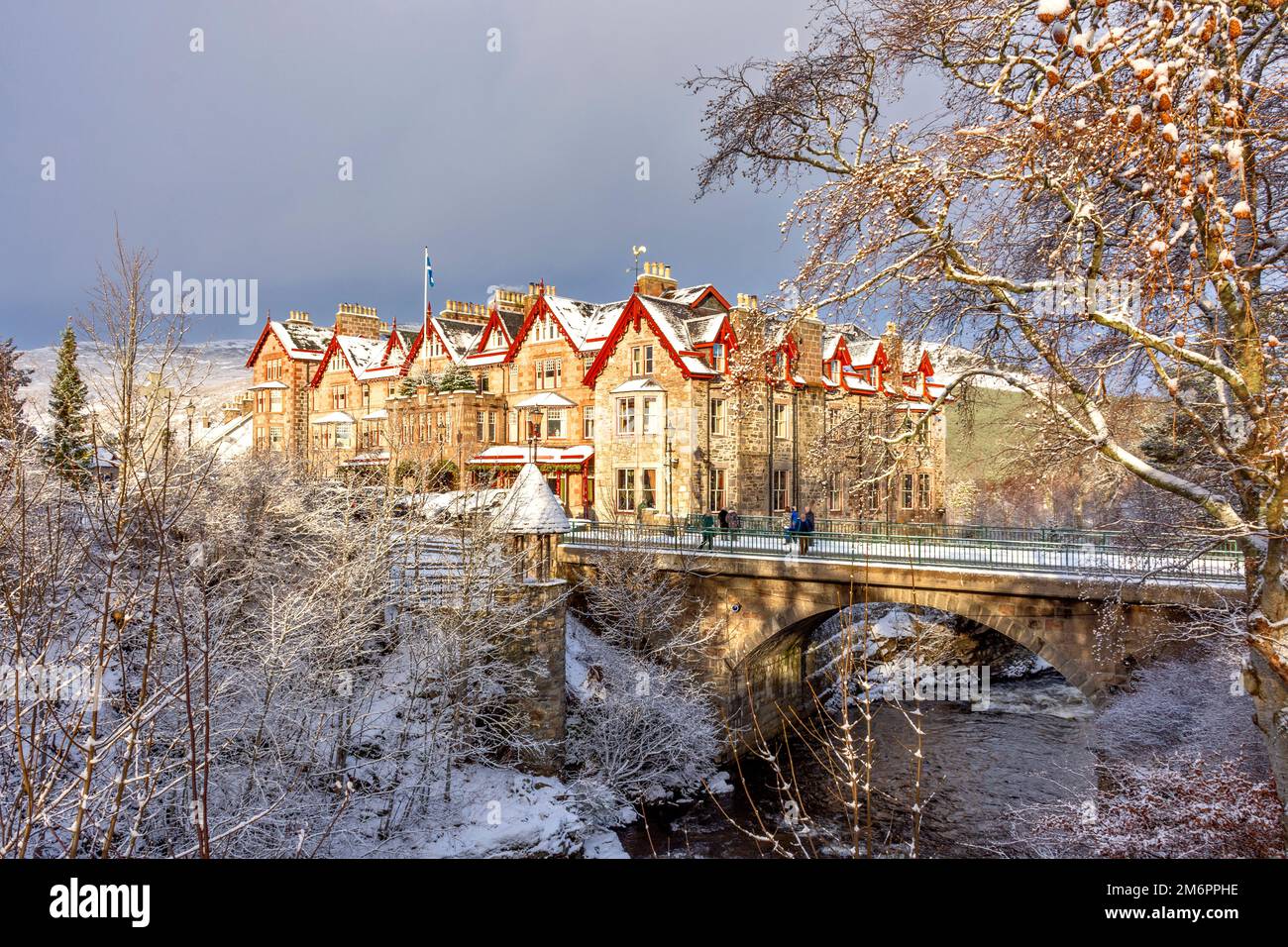Fife Arms Hotel Braemar Scotland winter and the building covered by