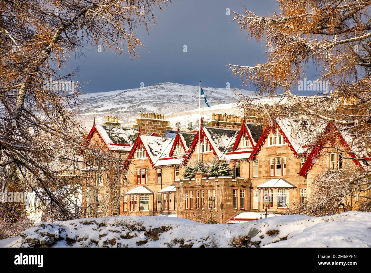 Fife Arms Hotel Braemar Scotland winter and the building covered by