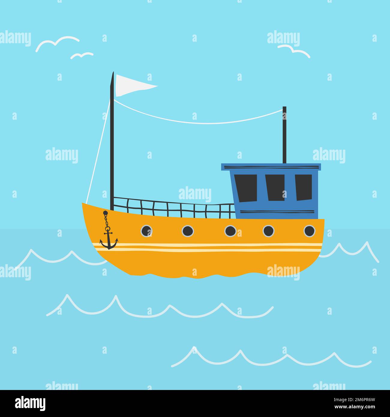 scandinavian style illustration of fishing vessel on blue sea, scandi vector drawing for children Stock Vector