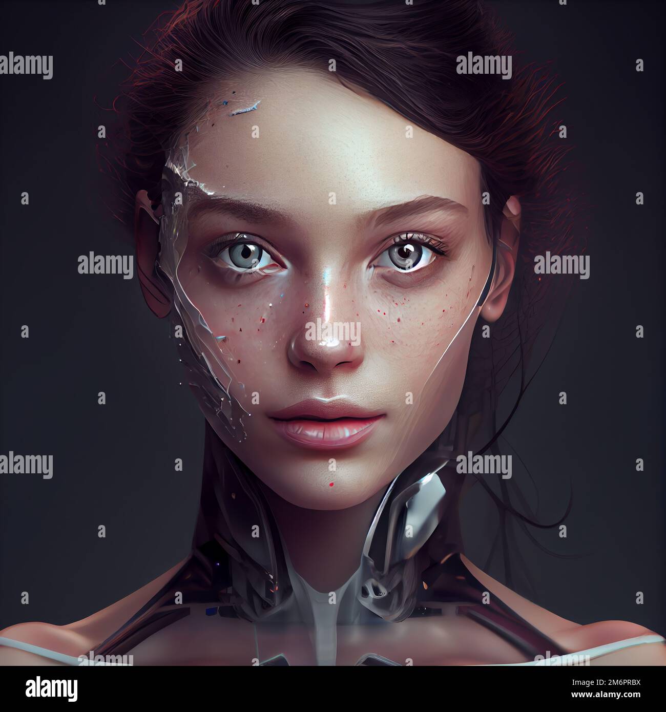 An AI generated hyper-realistic art illustration of futuristic female robot  face, cyberpunk character Stock Photo - Alamy