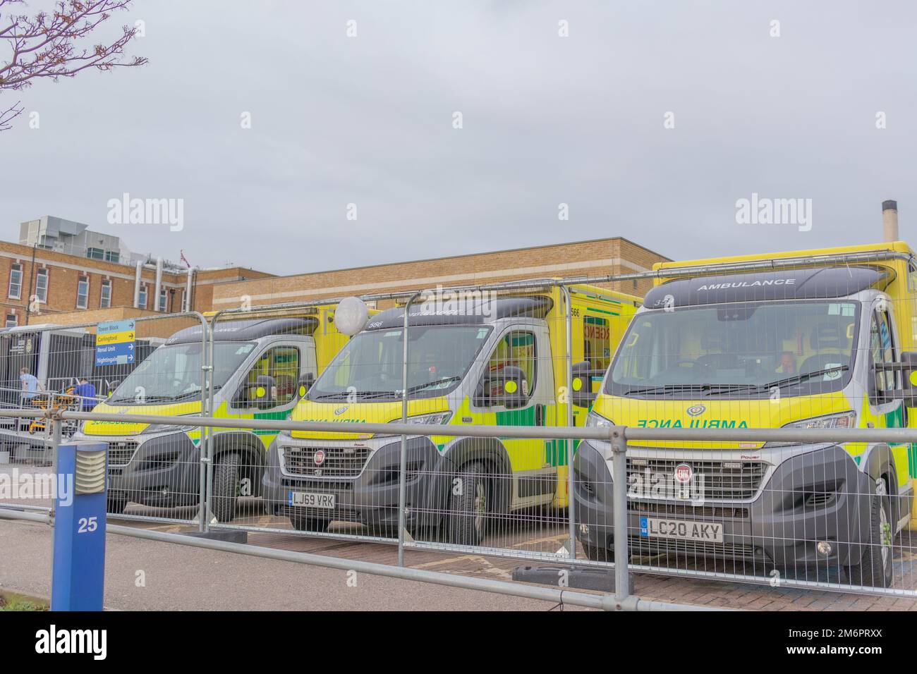 Southend on Sea, UK. 5th Jan, 2023. Ambulances wait outside Southend University Hospital A&E department, unable to discharge patients onto wards as the trust continues to see high demands for emergency services. Hospital bosses say the service is under extremely high demand. Penelope Barritt/Alamy Live News Stock Photo