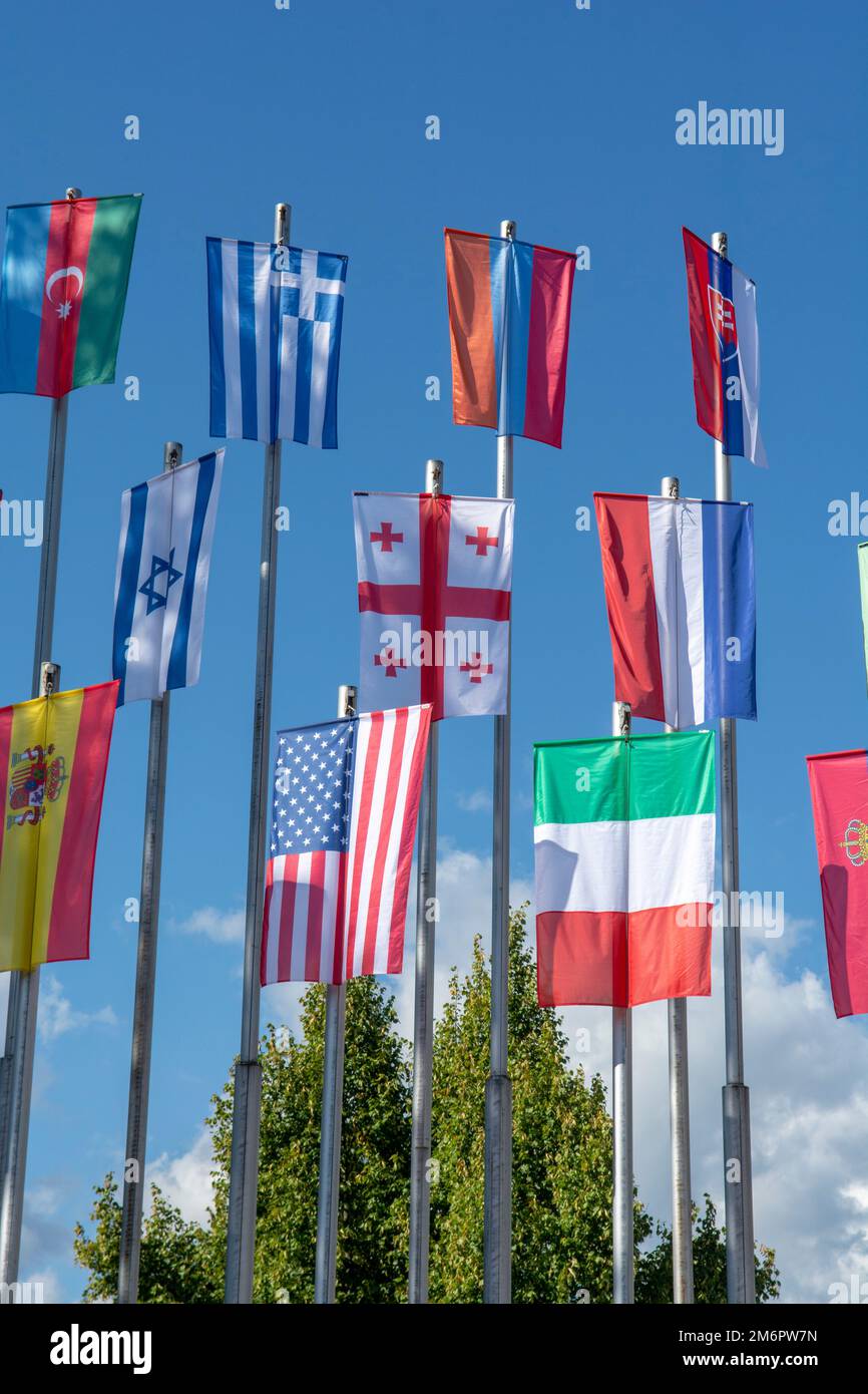 Row of national flags. World Flags Blowing In The Wind. Stock Photo