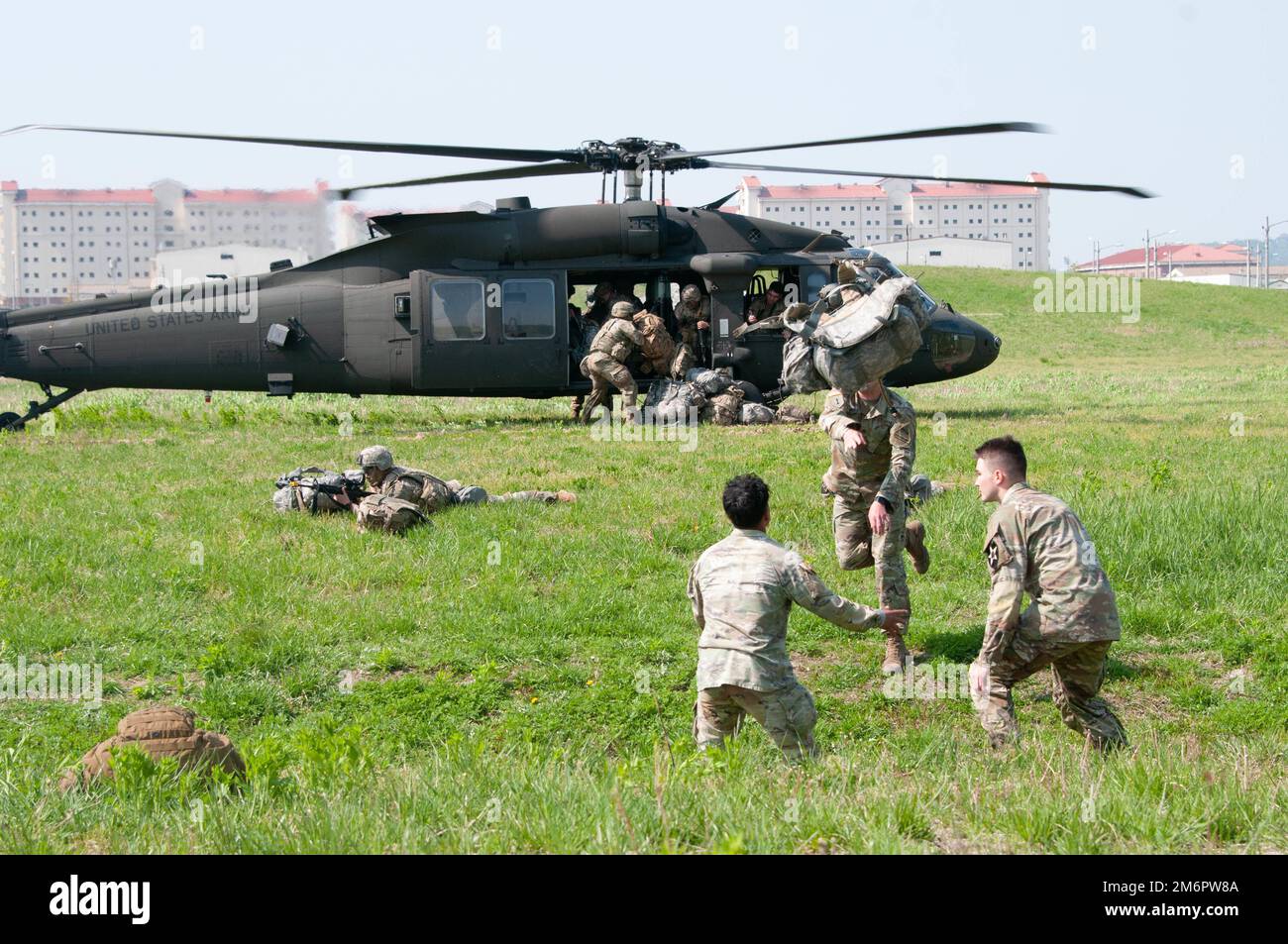 The Week of the Warrior continues as competitors from the 2nd Infantry Division/ROK-U.S. Combined Division finish the third day of events, May 3, 2022, on Camp Humphreys, Republic of Korea. The third day saw the Soldiers complete an air assault from Camp Casey to Camp Humphreys and complete a course that tested various warrior tasks and battle drills. Stock Photo