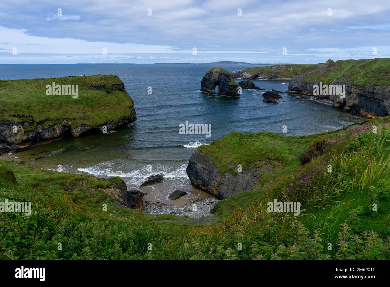 Landscape of the Ballybunion Cliff Walk and rugged cliffs and seashore