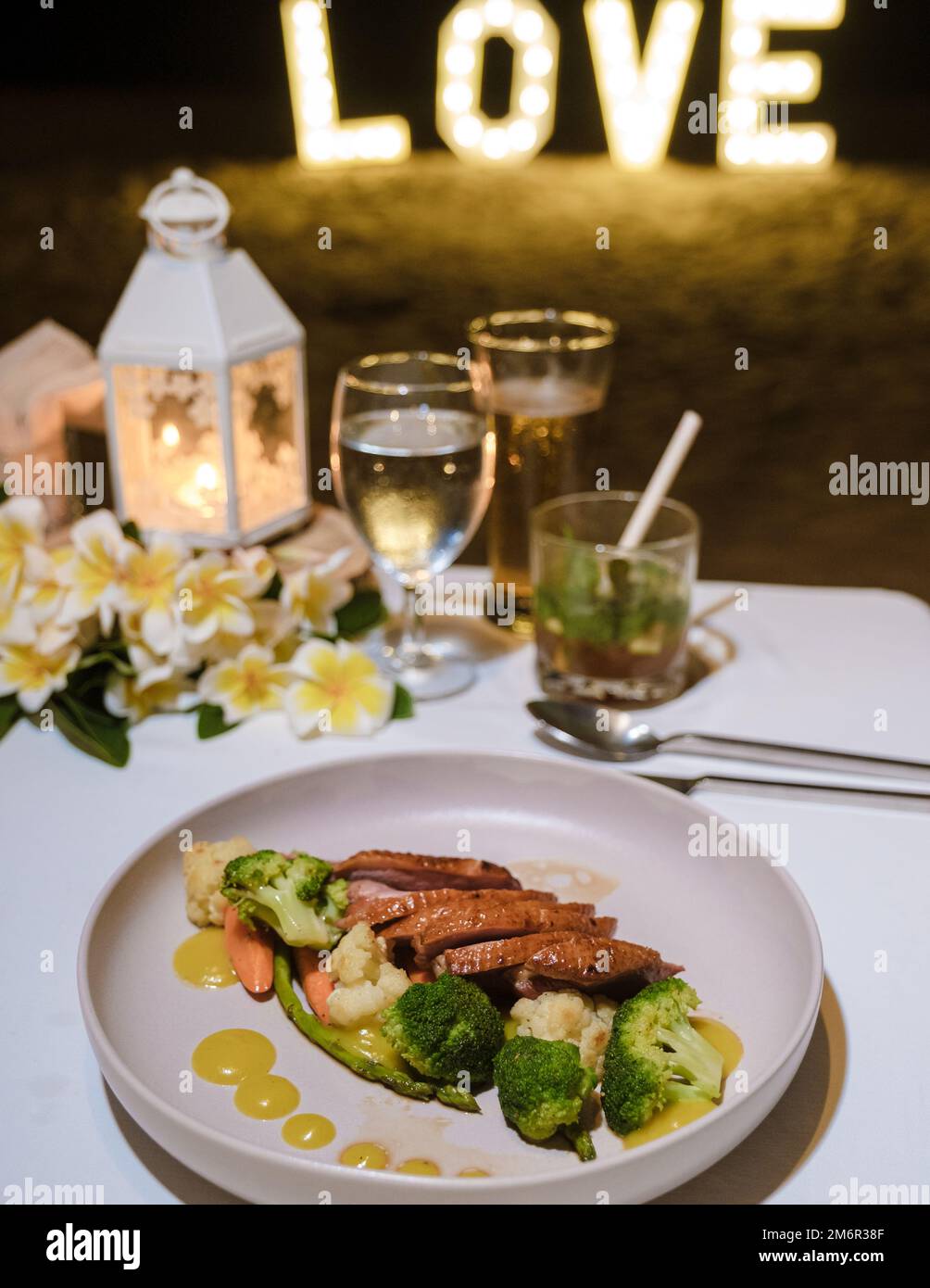 Tuna fish during a Romantic dinner on beach of Huahin Thailand, d Stock Photo