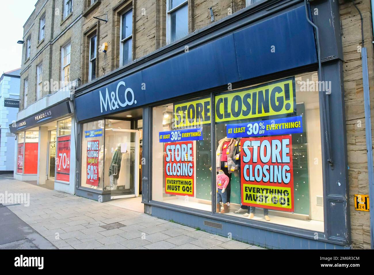 Bridport, Dorset, UK.  5th January 2023. General view of the M&Co clothing shop at Bridport in Dorset which is closing down. M&Co fell in to administration at the start of December 2022 and has a store closing sale with at least 30% off and up to 50% off.  Picture Credit: Graham Hunt/Alamy Live News Stock Photo