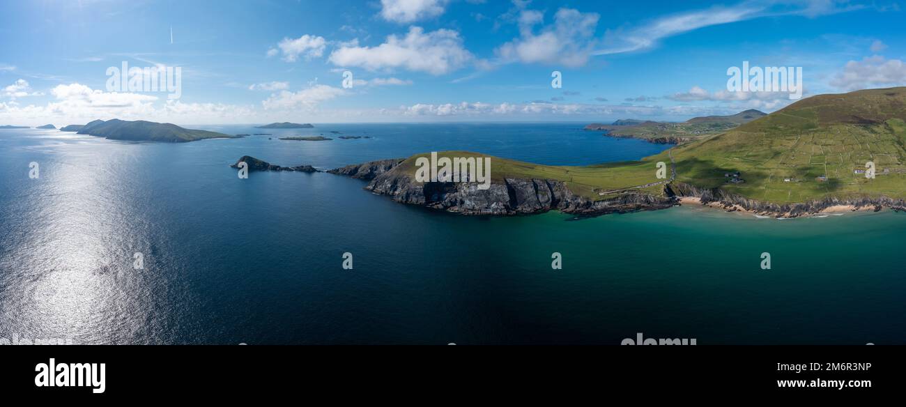 Aerial panorama view of Slea Head and the Dingle Peninsula in County Kerry of western Ireland Stock Photo