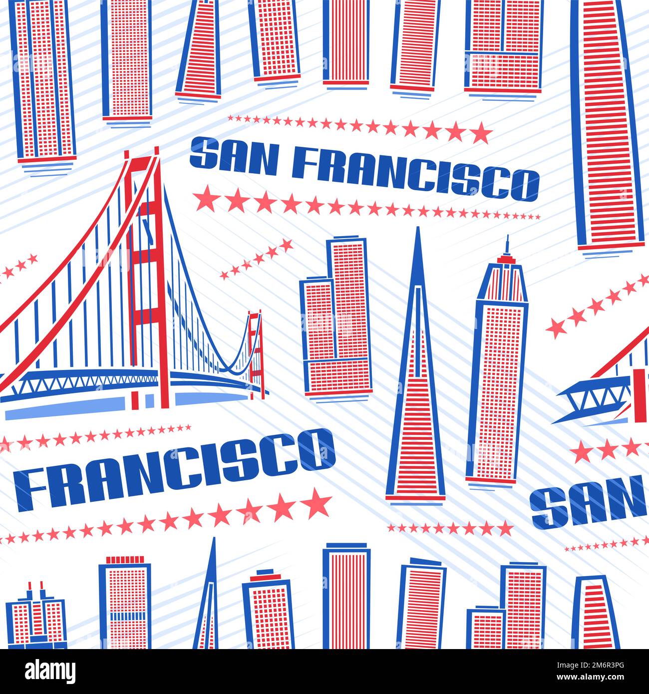 Vector San Francisco Seamless Pattern, square repeating background with illustration of red famous city scape on white background for wrapping paper, Stock Vector