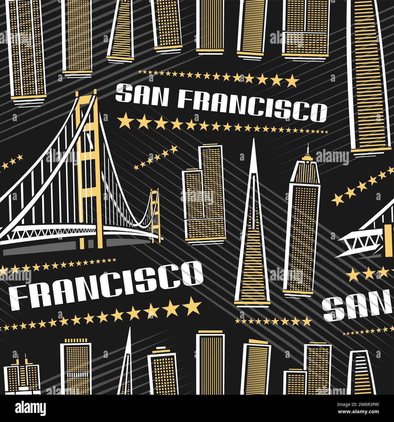 Vector San Francisco Seamless Pattern, repeating background with illustration of famous american city scape on dark background for wrapping paper, lin Stock Vector