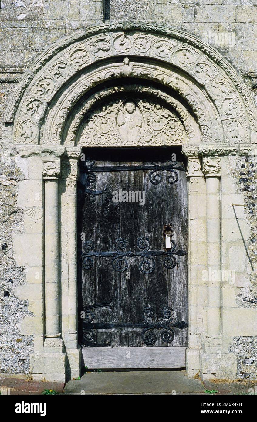 The Norman south door of St Nicolas' church, Barfrestone, Kent, South East England Stock Photo