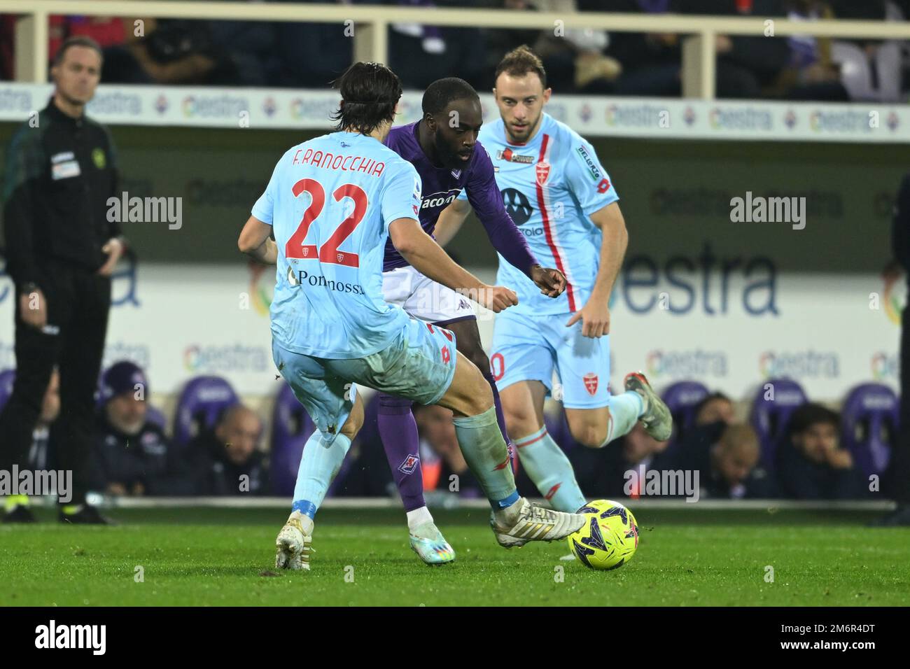 Florence, Italy. January 4, 2023  Filippo Ranocchia (Monza)Jonathan Ikone (Fiorentina)Carlos Augusto (Monza) during the Italian 'Serie A' match between Fiorentina 1-1 Monza at Artemio Franchi Stadium on January 4, 2023 in Florence, Italy. Credit: Maurizio Borsari/AFLO/Alamy Live News Stock Photo