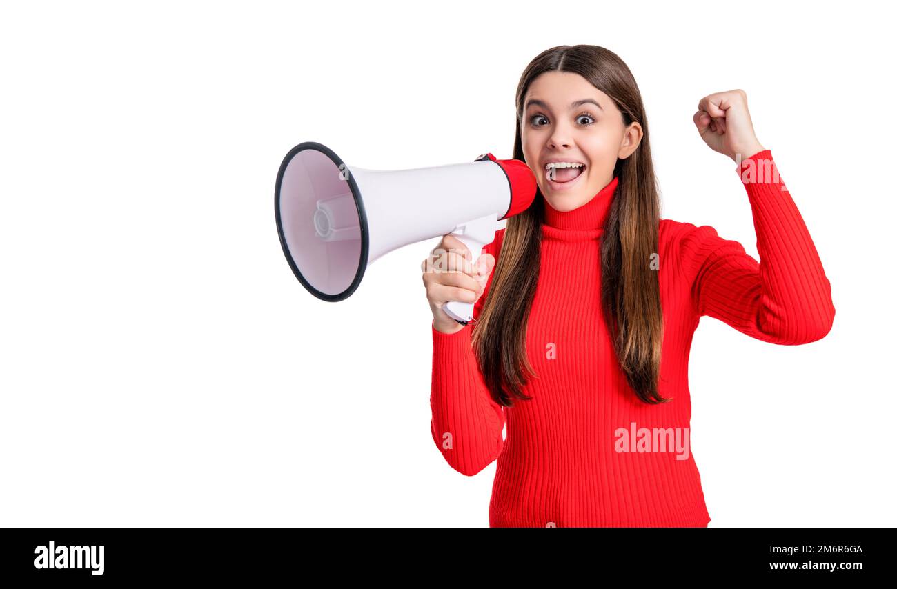 teen girl announcer with loudspeaker at studio. photo of teen girl