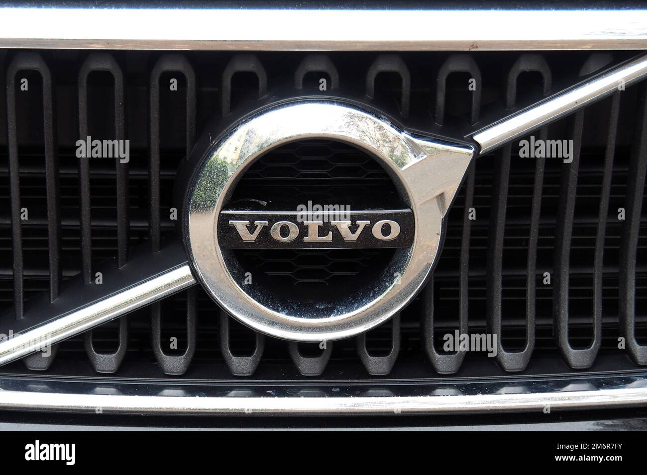 Volvo logo on a car, (is a Swedish multinational manufacturer of luxury vehicles headquartered in Torslanda, Gothenburg), Budapest, Hungary Stock Photo