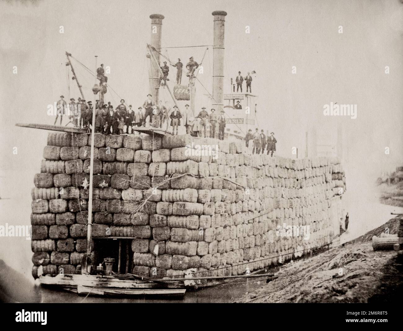 19th century vintage photograph New Orleans USA, ship loaded with