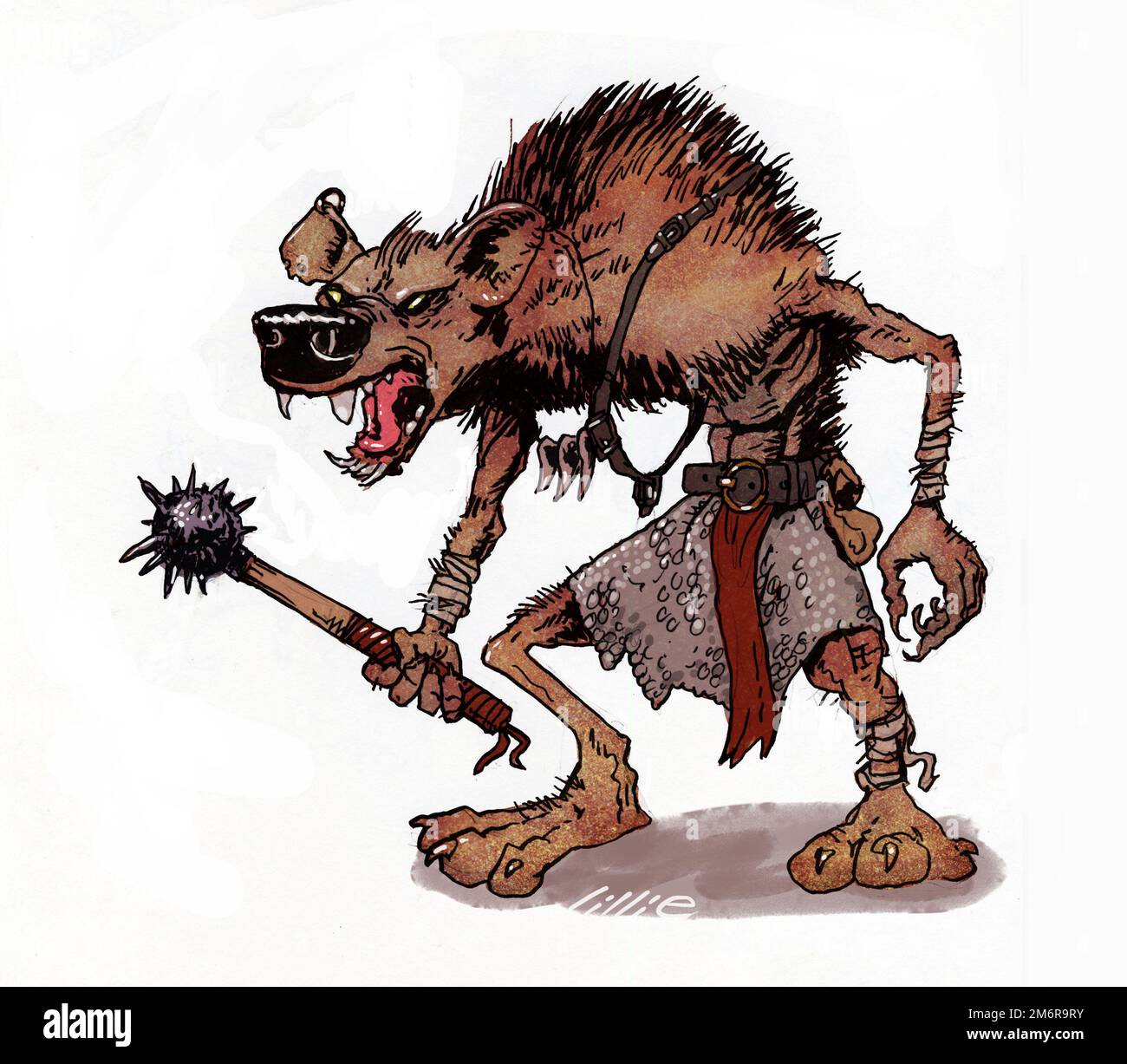 Fantasy art illustration of a gnoll, hybrid with human-like body & hyena-like head. It debuted in Dungeons & Dragons inspired by Lord Dunsany's gnoles Stock Photo