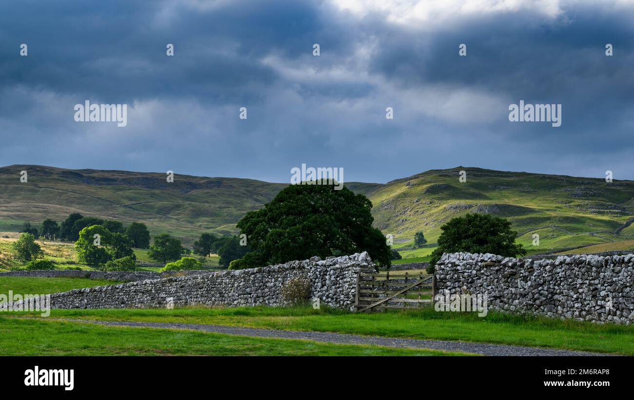Picturesque view of Pikedaw Hill, Kirkby Fell & limestone wall under summer evening dark cloudy sky - Malham, Malhamdale, Yorkshire Dales, England UK. Stock Photo