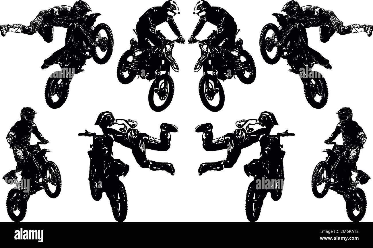 A set of black and white vector images of motorcyclists performing extreme stunts in the discipline Stock Photo