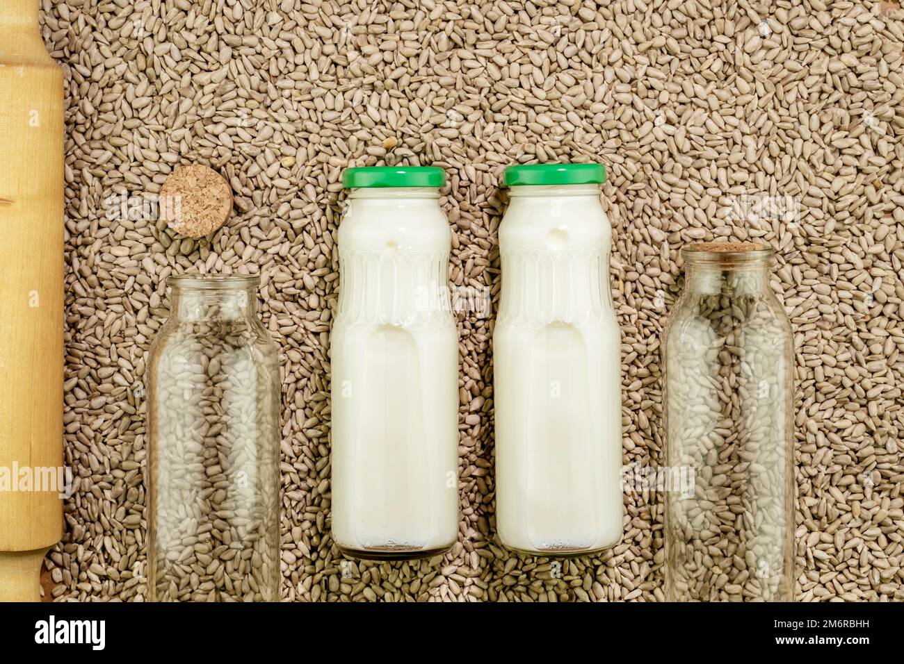 Sunflower seed milk in glass bottles on background with sunflower seeds. Dairy free, non lactose plant milk. Raw diet meal. Healthy vegetarian or vega Stock Photo