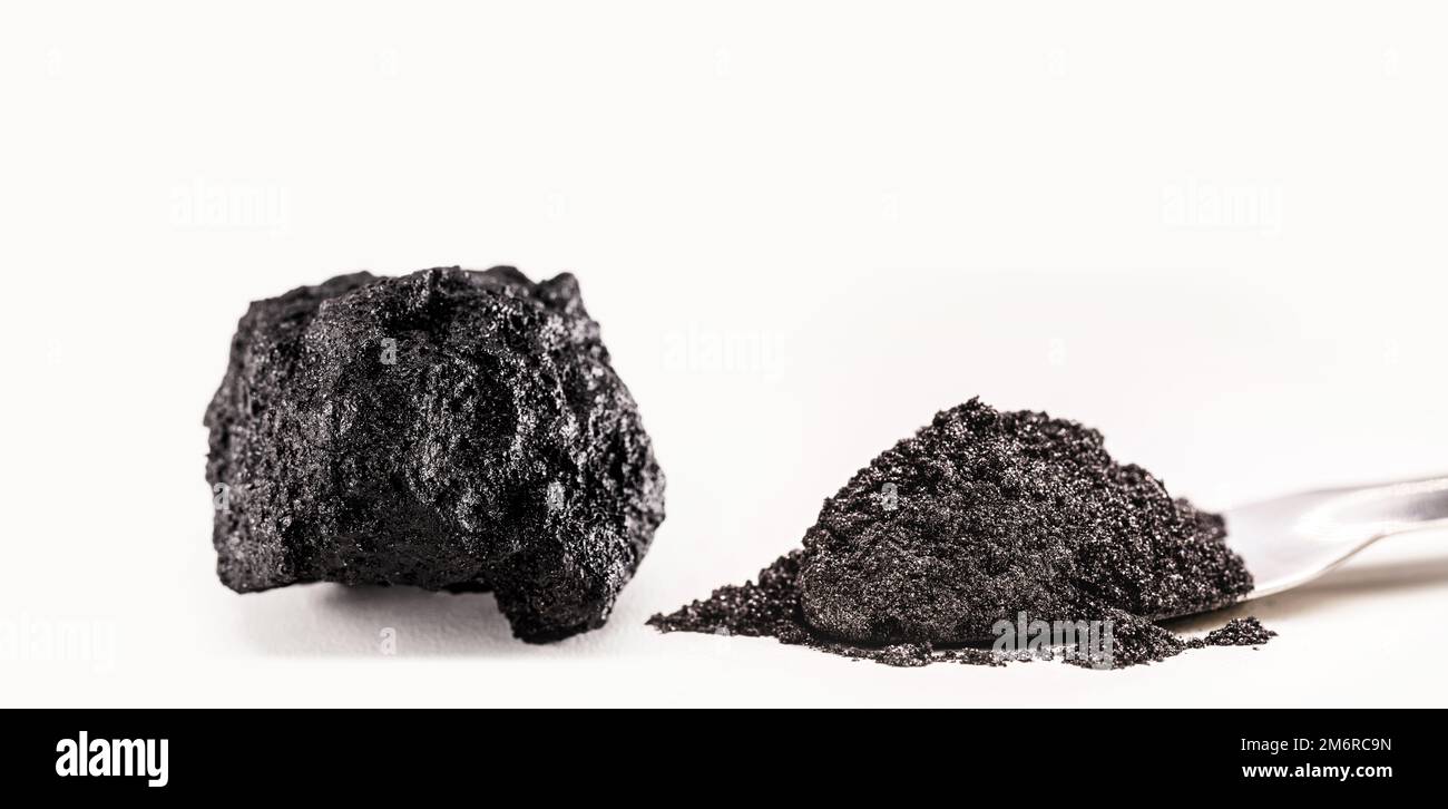 graphite, graphite powder and ore, industrial use, isolated white