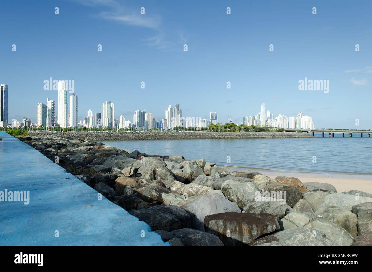 Panama City skyline as seen from Plaza V Centenario at the entrance to Old City in San Felipe Stock Photo