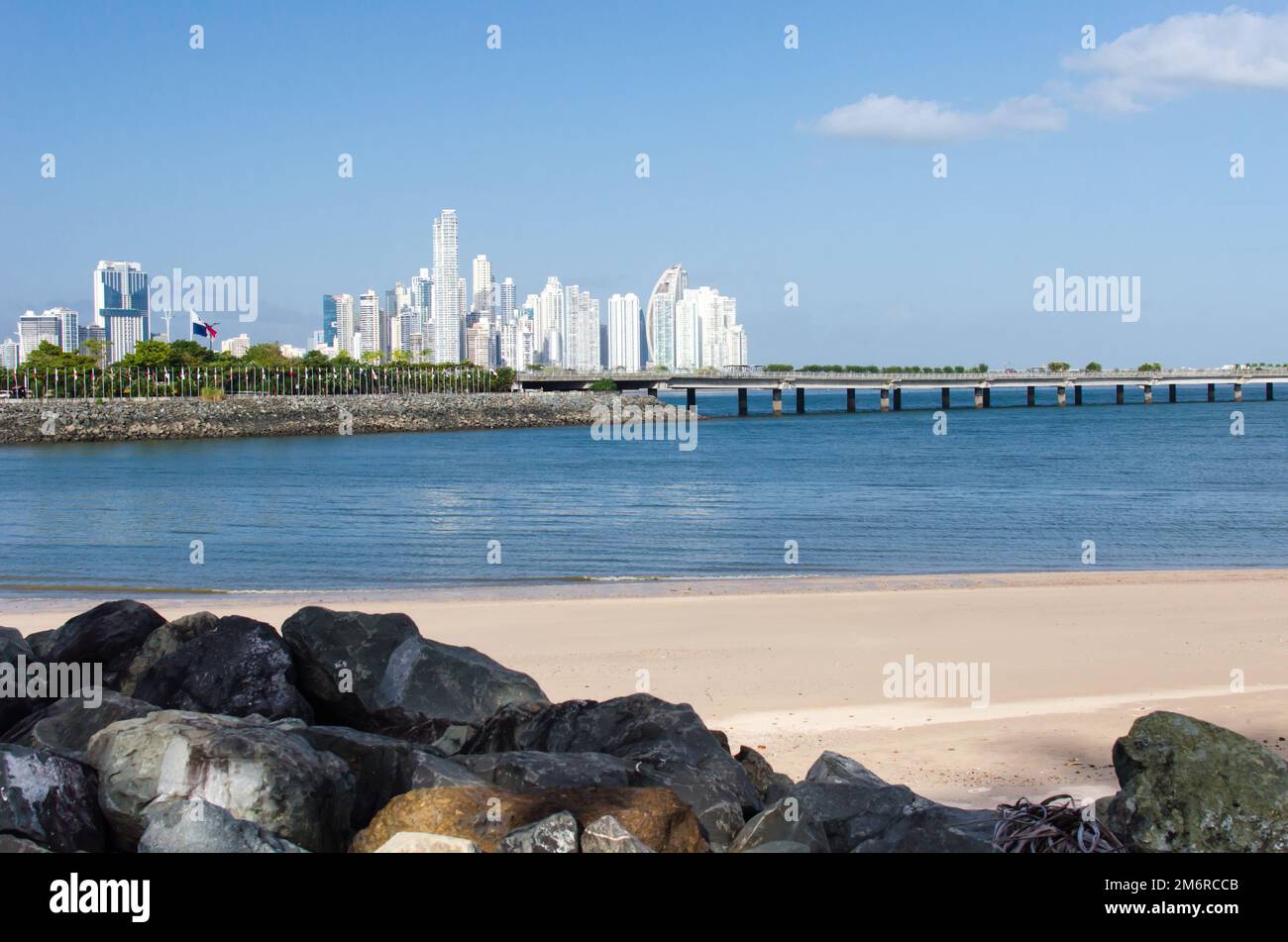 Panama City skyline as seen from Plaza V Centenario at the entrance to Old City in San Felipe Stock Photo