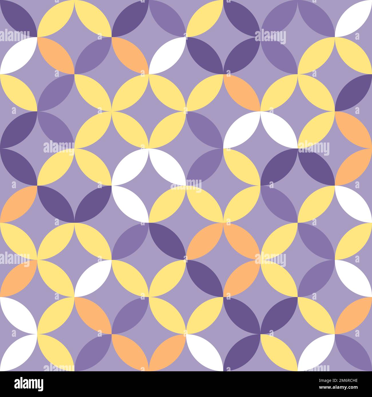 Violet and yellow geometric pattern. Overlapping circles and ovals abstract retro fashion texture. Seamless pattern. Stock Vector