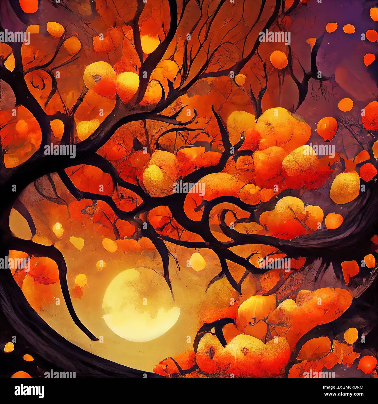 Pumpkins on the branches of a night tree over the moon. Associative painting. Digital illustration based on render by neural net Stock Photo