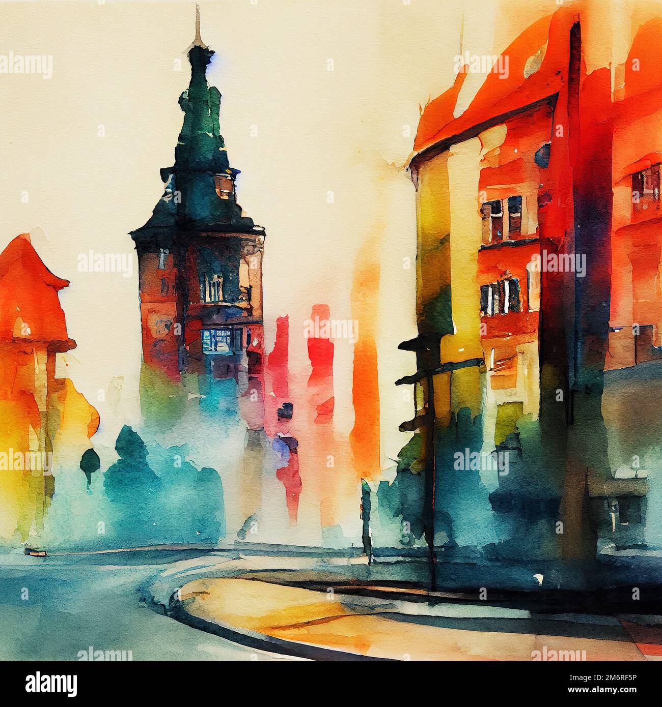 Retro city watercolor multicolor illustration. Digital illustration based on render by neural network Stock Photo