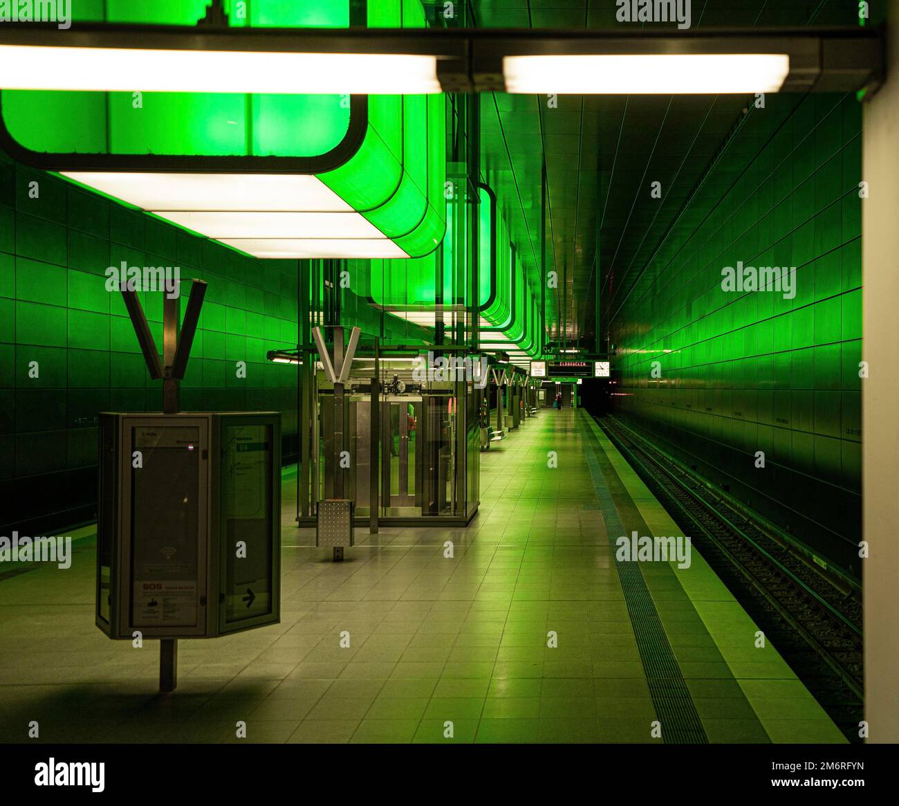 Ueberseeqaurtier underground station at night, Hamburg, Germany Stock