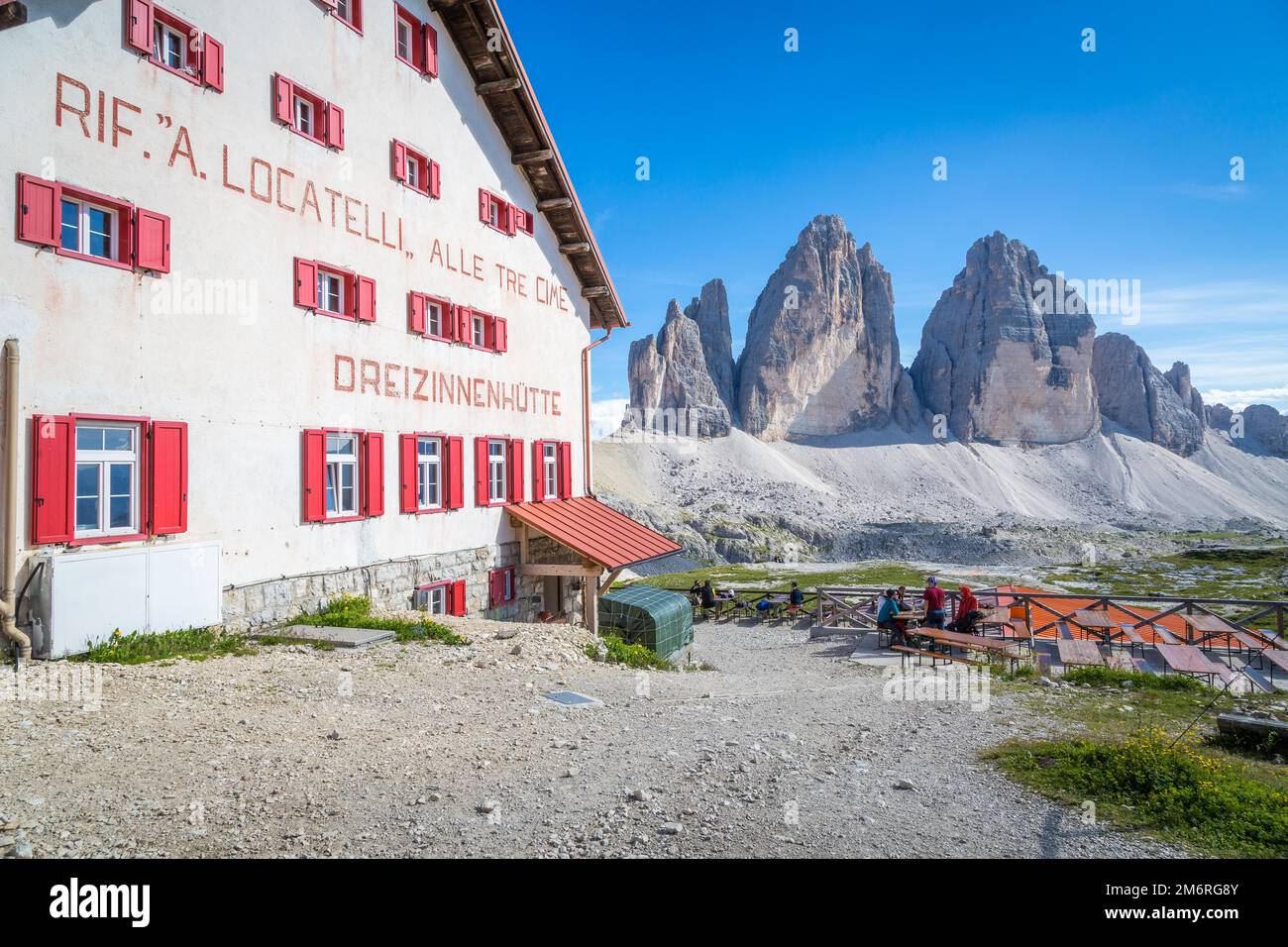 Mountain hut Dreizinnenhuette, rear mountain three peaks, Dolomites ...