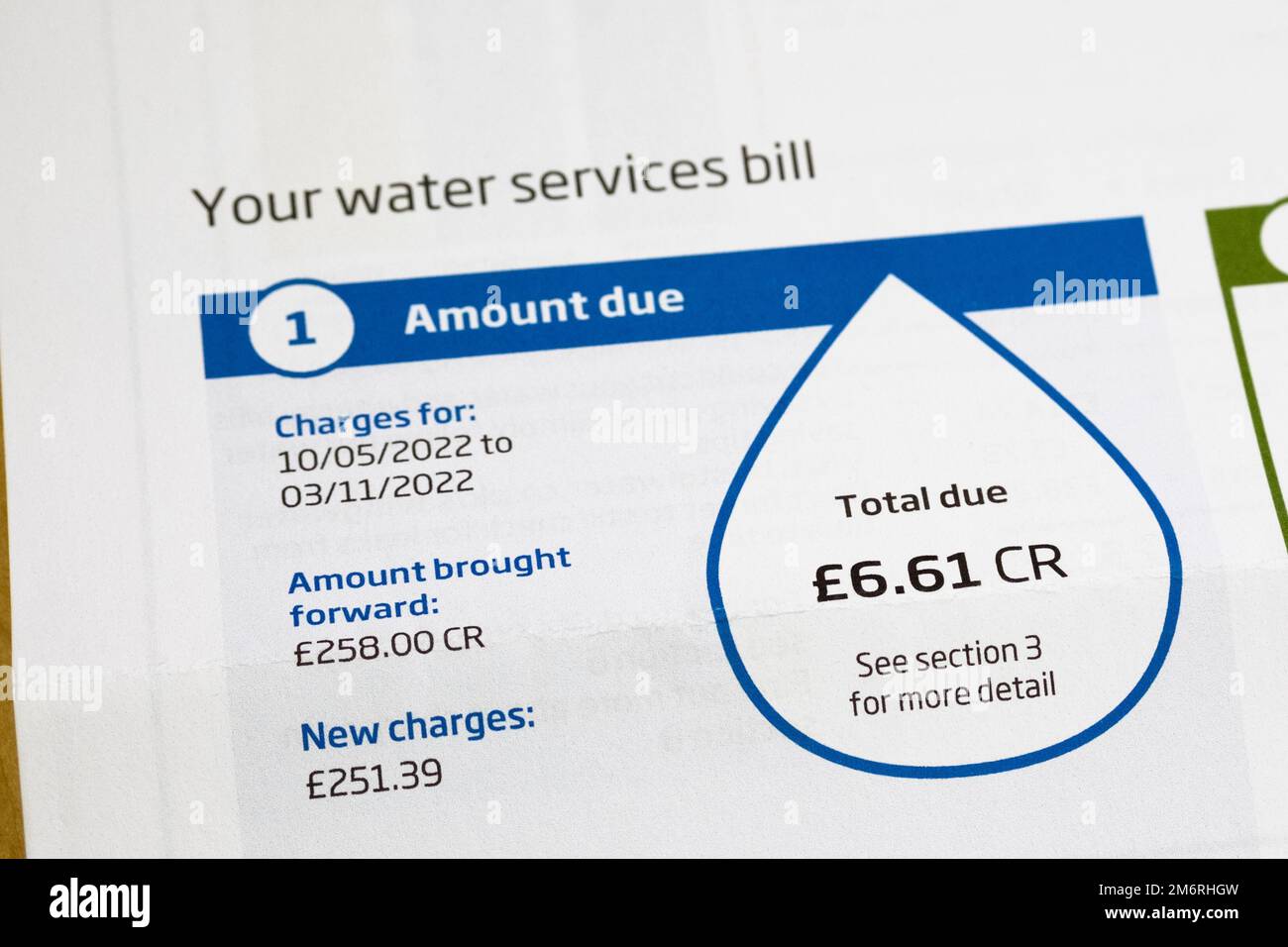 Paperwork for a water services bill. Stock Photo