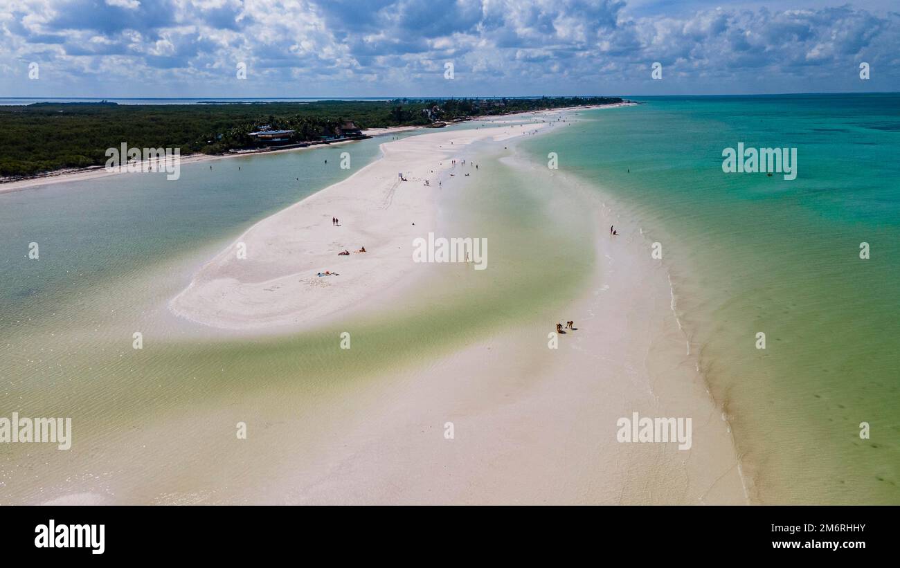 Aerial of the turquoise waters and white sands of Holbox island