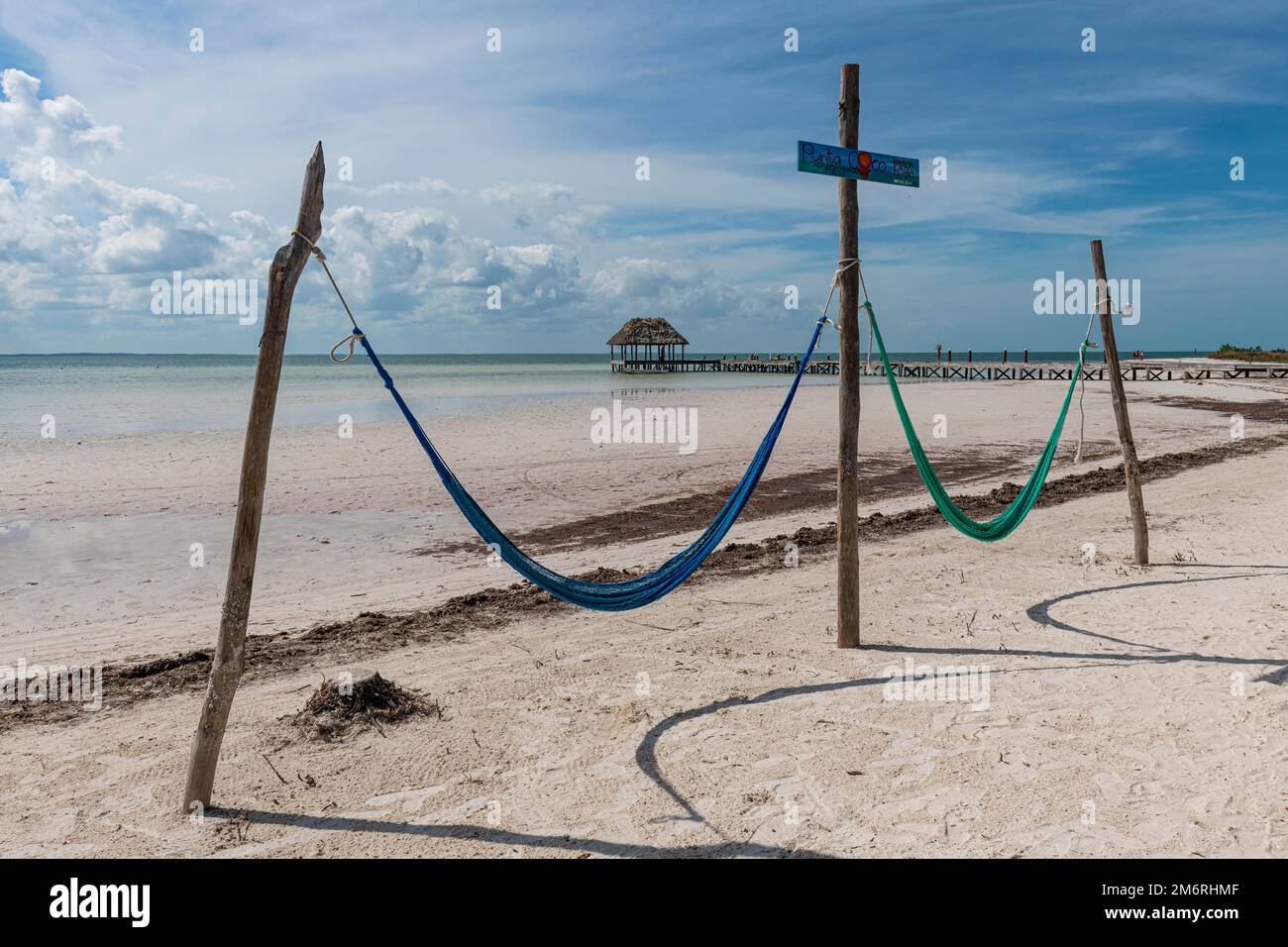 Swing on a white sand beach, Holbox island, Yucatan Mexico Stock Photo