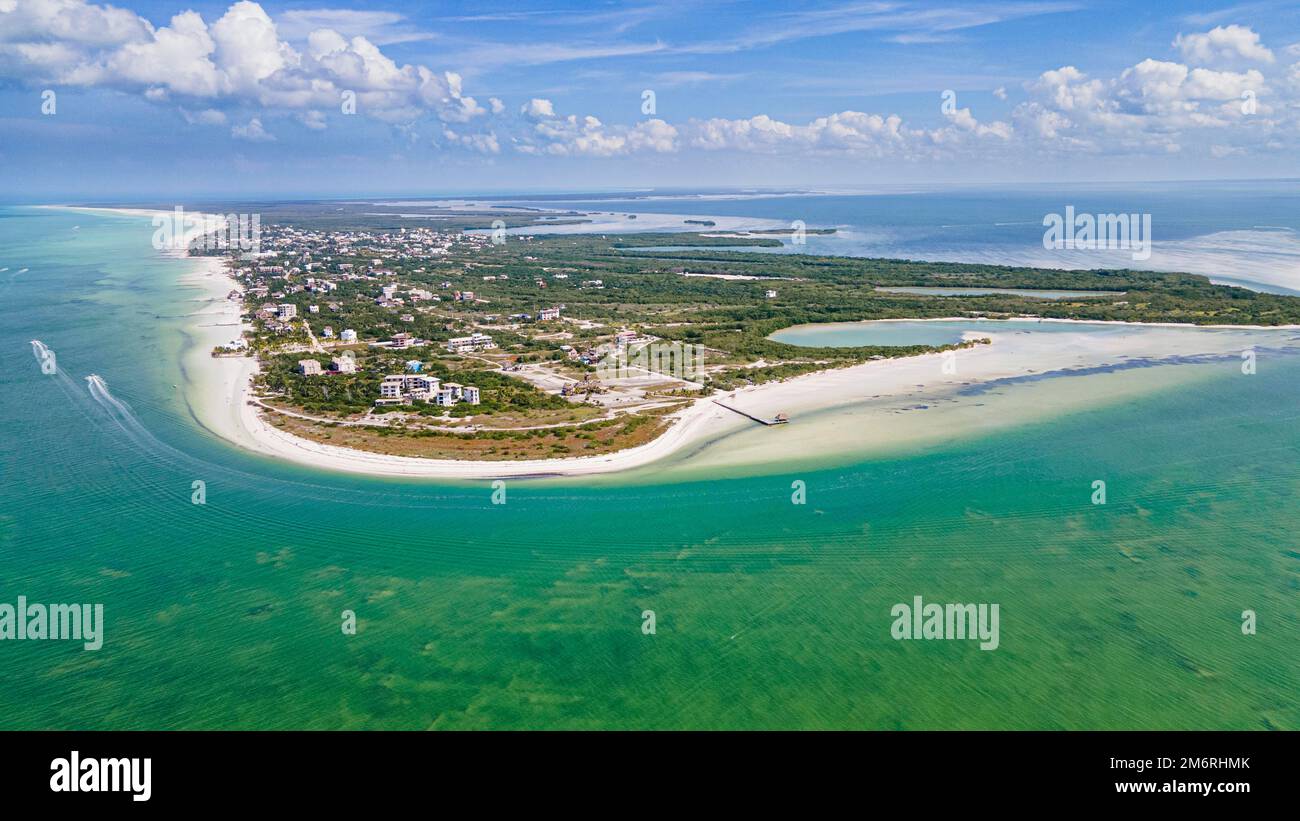 Aerial of the turquoise waters and white sands of Holbox island