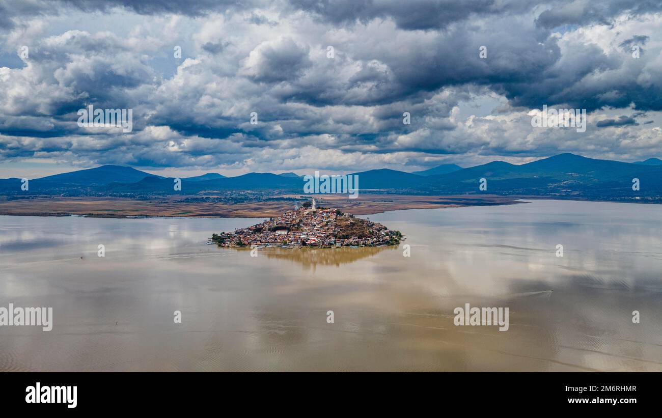 Aerial of the Janitzio island on lake Lake Patzcuaro, Michoacan, Mexico